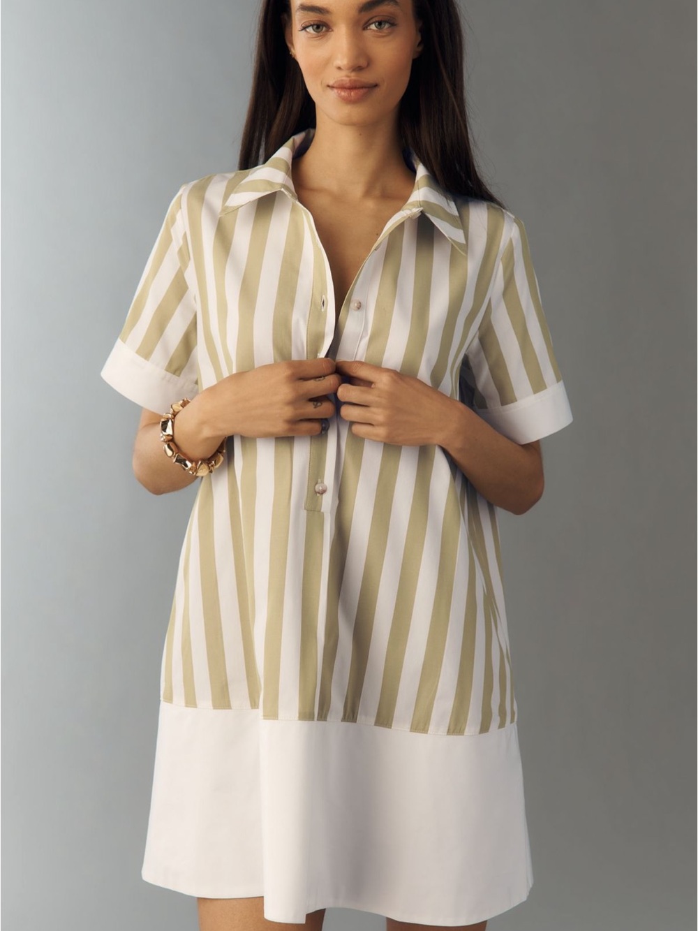 Pollie Swing Tunic Mini Dress in Moss & Ivory Stripe